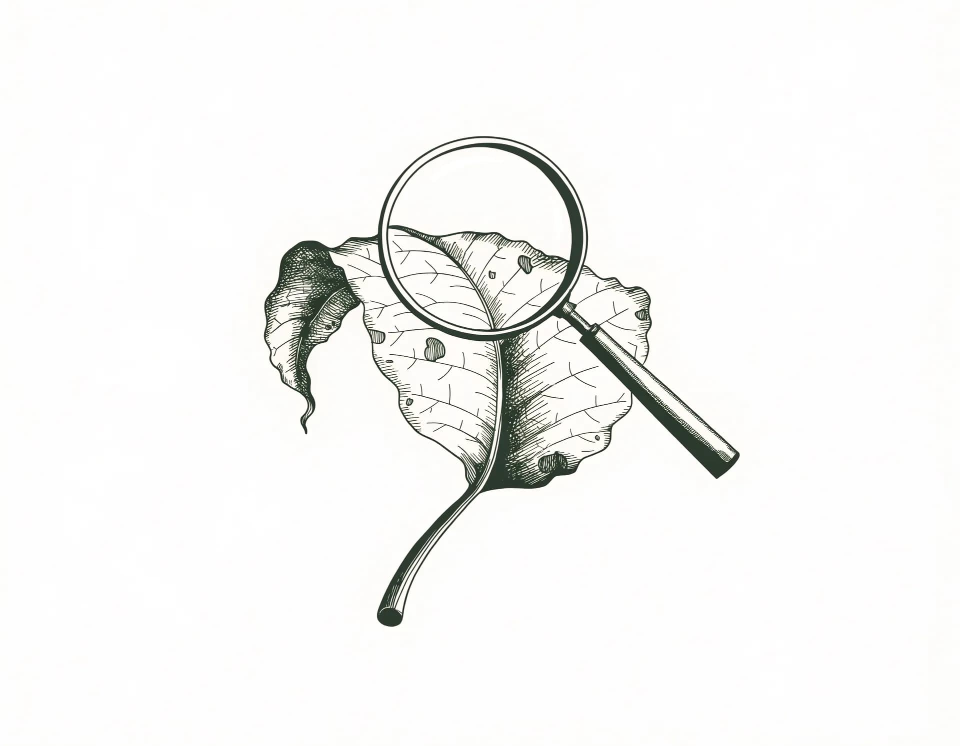 Engraved field-guide illustration of a magnifying glass examining a houseplant leaf with spots and a browning tip — instant photo diagnosis