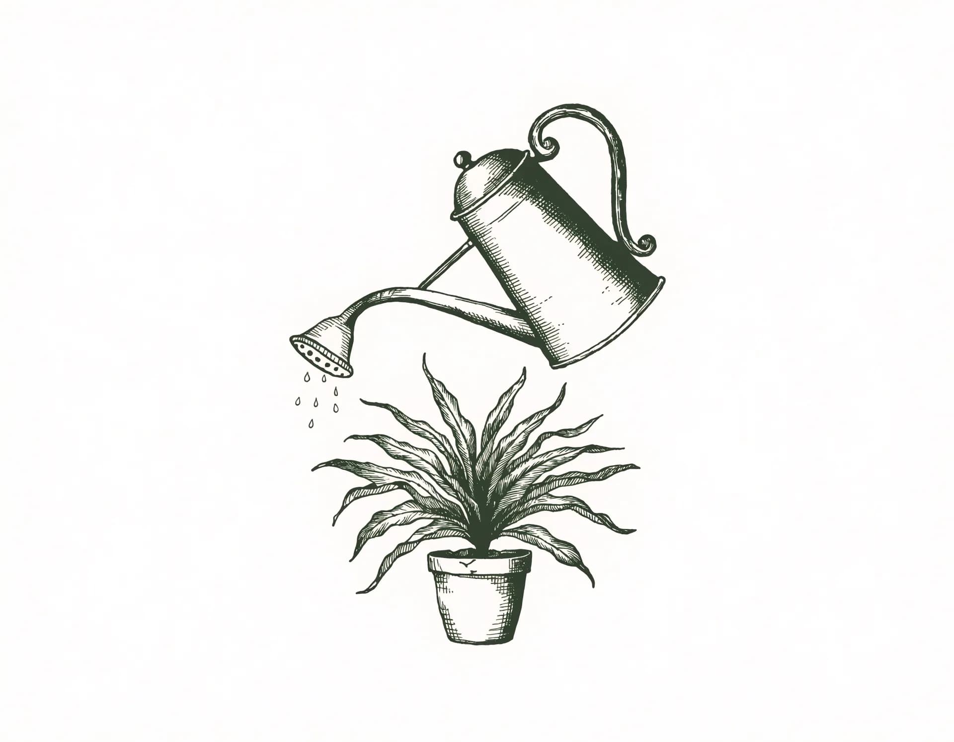 Engraved field-guide illustration of a watering can gently watering a revived potted houseplant — the exact fix and care