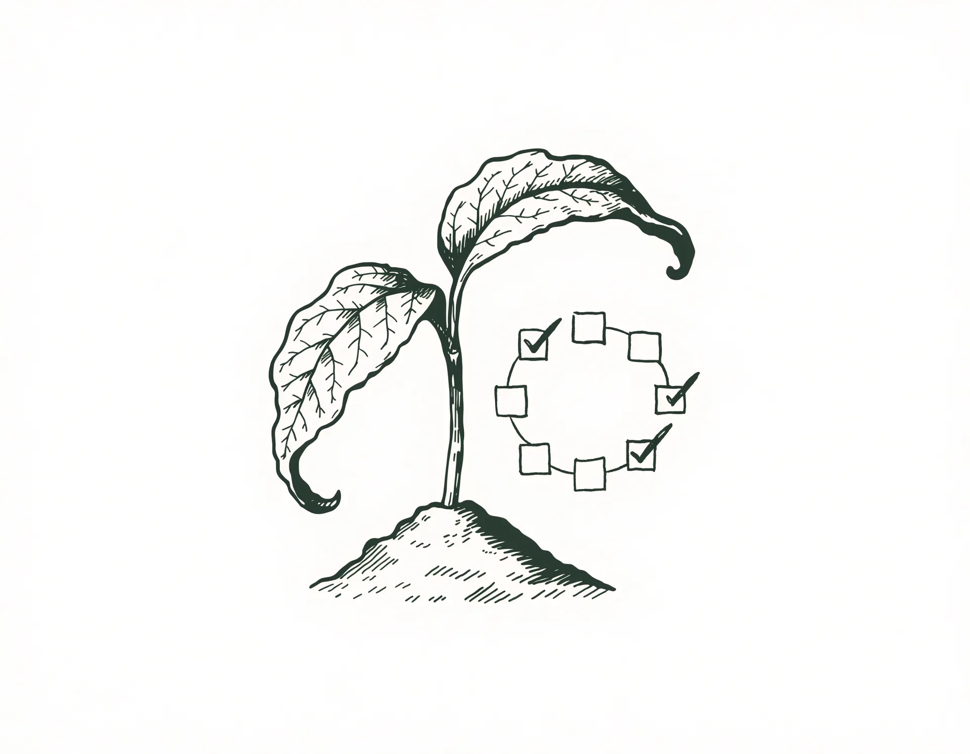 Engraved field-guide illustration of a young sprout rising from soil beside a checklist of completed steps — a step-by-step recovery schedule